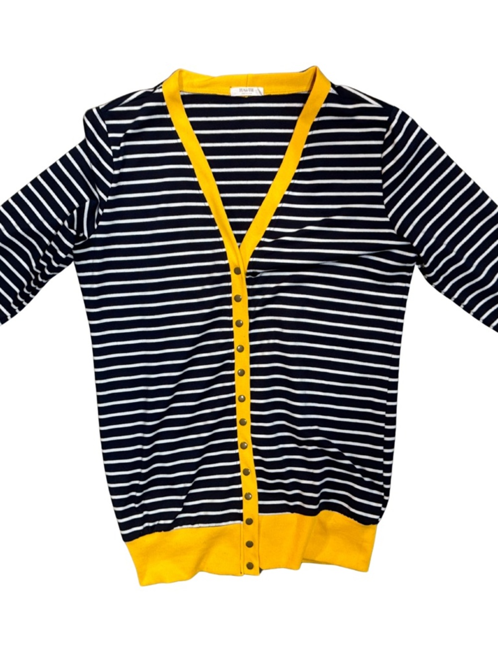 Striped Navy & White Women's Cardigan with Yellow Trim
